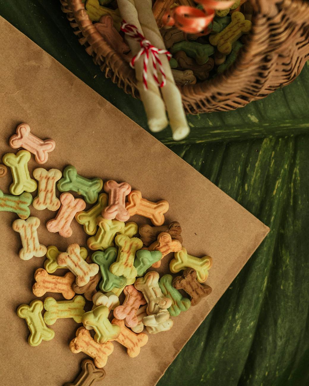 Gourmet dog biscuits in woven basket